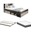 Lit avec tête de lit rangements et tiroirs - 160 x 200 cm - Coloris : Naturel et anthracite + Sommier + Matelas - LEANDRE