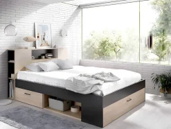 Lit avec tête de lit rangements et tiroirs - 160 x 200 cm - Coloris : Naturel et anthracite + Sommier + Matelas - LEANDRE