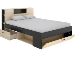 Lit avec tête de lit rangements et tiroirs - 160 x 200 cm - Coloris : Naturel et anthracite + Sommier + Matelas - LEANDRE