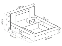 Lit avec tête de lit rangements et tiroirs - 160 x 200 cm - Coloris : Naturel et anthracite + Sommier + Matelas - LEANDRE