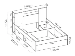 Lit avec tête de lit rangements et tiroirs - 140 x 190 cm - Coloris : Naturel et blanc + Sommier - LEANDRE