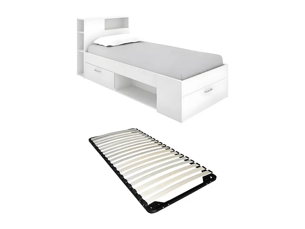 Lit avec tête de lit rangements et tiroir - 90 x 190 cm - Blanc + Sommier - LEANDRE