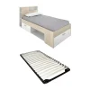 Lit avec tête de lit rangements et tiroir - 90 x 190 cm - Blanc et Naturel + Sommier - LEANDRE