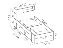 Lit avec tête de lit rangements et tiroir - 90 x 190 cm - Anthracite et naturel + Sommier - LEANDRE