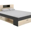 Lit avec tête de lit rangements et tiroirs - 140 x 190 cm - Coloris : Naturel et anthracite - LEANDRE
