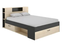 Lit avec tête de lit rangements et tiroirs - 140 x 190 cm - Coloris : Naturel et anthracite - LEANDRE