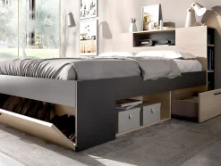 Lit avec tête de lit rangements et tiroirs - 140 x 190 cm - Coloris : Naturel et anthracite - LEANDRE