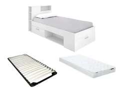 Lit avec tête de lit rangements et tiroir - 90 x 190 cm - Blanc + matelas + sommier - LEANDRE