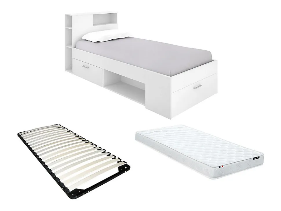 Lit avec tête de lit rangements et tiroir - 90 x 190 cm - Blanc + matelas + sommier - LEANDRE