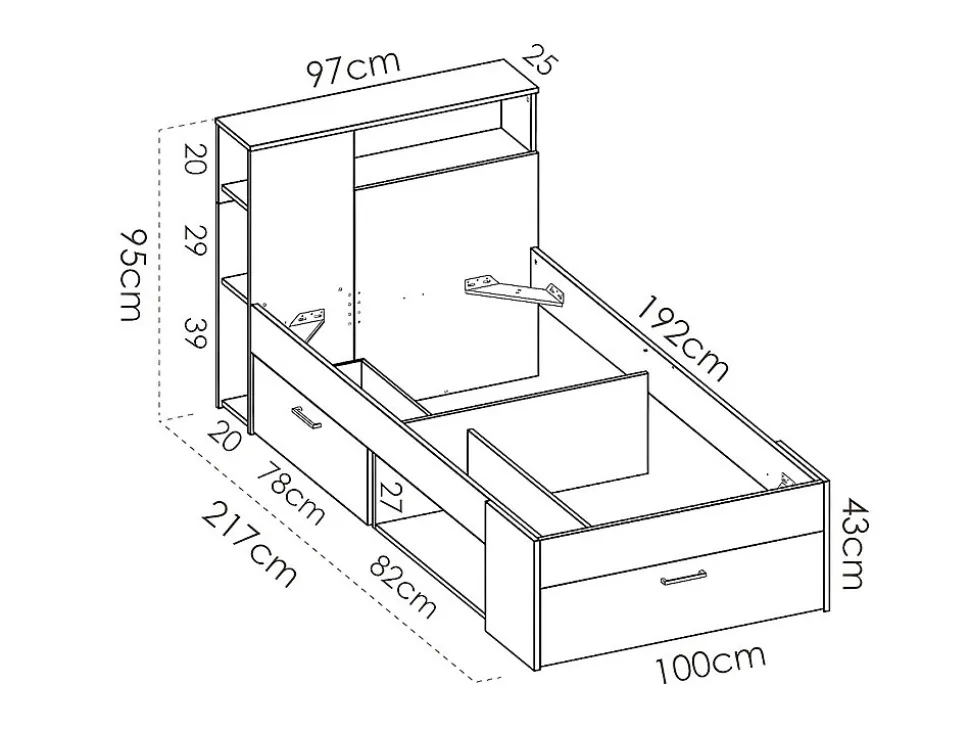 Lit avec tête de lit rangements et tiroir - 90 x 190 cm - Blanc + matelas + sommier - LEANDRE