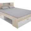 Lit avec tête de lit rangements et tiroirs - 160 x 200 cm - Coloris : Naturel et blanc - LEANDRE