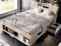 Lit avec tête de lit rangements et tiroirs - 160 x 200 cm - Coloris : Naturel et blanc - LEANDRE