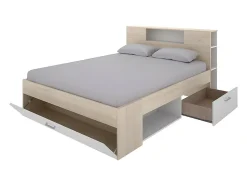Lit avec tête de lit rangements et tiroirs - 160 x 200 cm - Coloris : Naturel et blanc - LEANDRE
