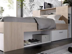 Lit avec tête de lit rangements et tiroirs - 160 x 200 cm - Coloris : Naturel et blanc - LEANDRE