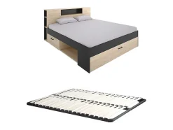 Lit avec tête de lit rangements et tiroirs - 160 x 200 cm - Coloris : Naturel et anthracite + Sommier - LEANDRE