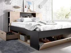 Lit avec tête de lit rangements et tiroirs - 160 x 200 cm - Coloris : Naturel et anthracite + Sommier - LEANDRE