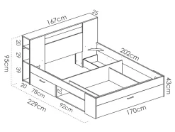 Lit avec tête de lit rangements et tiroirs - 160 x 200 cm - Coloris : Blanc + Sommier - LEANDRE