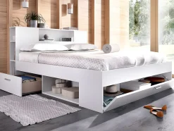 Lit avec tête de lit rangements et tiroirs - 160 x 200 cm - Coloris : Blanc + Sommier - LEANDRE