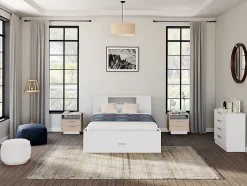 Lit avec tête de lit rangements et tiroirs - 160 x 200 cm - Coloris : Blanc + Sommier - LEANDRE