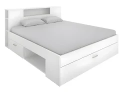 Lit avec tête de lit rangements et tiroirs - 160 x 200cm - Coloris : Blanc - LEANDRE