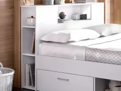 Lit avec tête de lit rangements et tiroirs - 160 x 200cm - Coloris : Blanc - LEANDRE