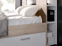 Lit avec tête de lit rangements et tiroirs - 160 x 200 cm - Coloris : Naturel et blanc + Sommier - LEANDRE