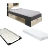 Lit avec tête de lit rangements et tiroir - 90 x 190 cm - Anthracite et naturel + matelas + sommier - LEANDRE