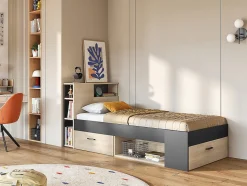 Lit avec tête de lit rangements et tiroir - 90 x 190 cm - Anthracite et naturel + matelas + sommier - LEANDRE