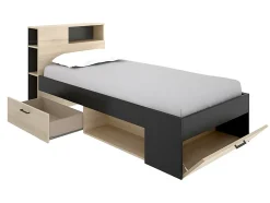 Lit avec tête de lit rangements et tiroir - 90 x 190 cm - Anthracite et naturel + matelas + sommier - LEANDRE