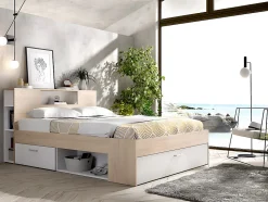 Lit avec tête de lit rangements et tiroirs - 140 x 190 cm - Coloris : Naturel et blanc + Sommier + Matelas - LEANDRE