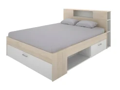 Lit avec tête de lit rangements et tiroirs - 140 x 190 cm - Coloris : Naturel et blanc + Sommier + Matelas - LEANDRE