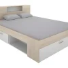 Lit avec tête de lit rangements et tiroirs - 140 x 190 cm - Coloris : Naturel et blanc - LEANDRE