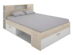 Lit avec tête de lit rangements et tiroirs - 140 x 190 cm - Coloris : Naturel et blanc - LEANDRE