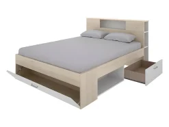 Lit avec tête de lit rangements et tiroirs - 140 x 190 cm - Coloris : Naturel et blanc - LEANDRE