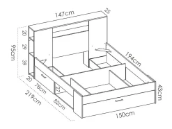 Lit avec tête de lit rangements et tiroirs - 140 x 190 cm - Coloris : Naturel et blanc - LEANDRE