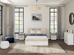 Lit avec tête de lit rangements et tiroirs - 140 x 190 cm - Coloris : Naturel et blanc - LEANDRE