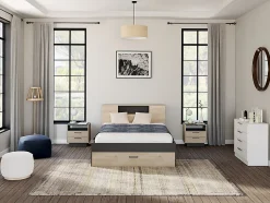 Lit avec tête de lit rangements et tiroirs - 140 x 190 cm - Coloris : Naturel et anthracite + Sommier + Matelas - LEANDRE