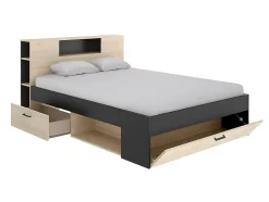 Lit avec tête de lit rangements et tiroirs - 140 x 190 cm - Coloris : Naturel et anthracite + Sommier + Matelas - LEANDRE