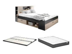 Lit avec tête de lit rangements et tiroirs - 140 x 190 cm - Coloris : Naturel et anthracite + Sommier + Matelas - LEANDRE