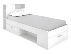 Lit avec tête de lit rangements et tiroir - 90 x 190 cm - Blanc - LEANDRE