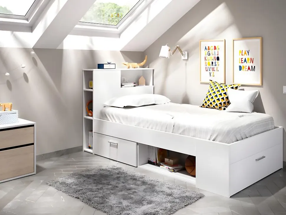 Lit avec tête de lit rangements et tiroir - 90 x 190 cm - Blanc - LEANDRE