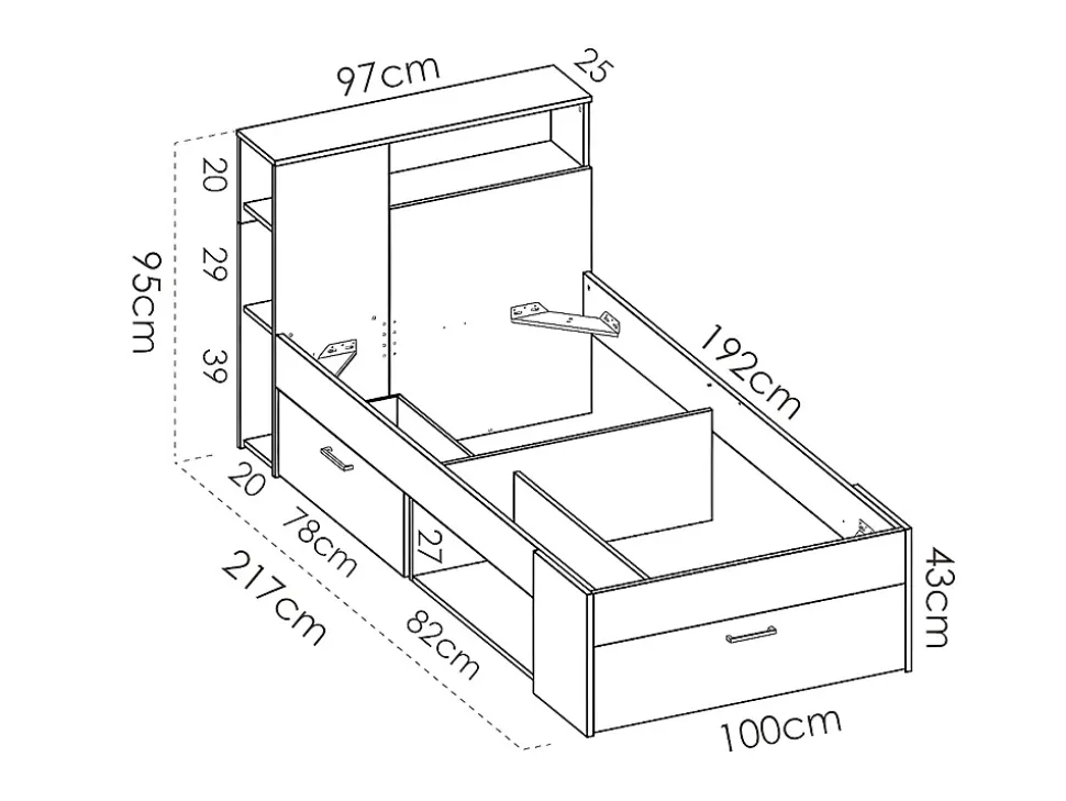 Lit avec tête de lit rangements et tiroir - 90 x 190 cm - Blanc - LEANDRE