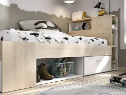 Lit avec tête de lit rangements et tiroir - 90 x 190 cm - Blanc et Naturel - LEANDRE