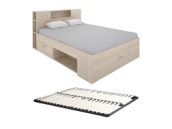 Lit avec tête de lit rangements et tiroirs - 140 x 190 cm - Coloris : Naturel + Sommier - LEANDRE