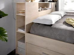 Lit avec tête de lit rangements et tiroirs - 140 x 190 cm - Coloris : Naturel + Sommier - LEANDRE