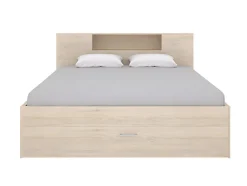 Lit avec tête de lit rangements et tiroirs - 140 x 190 cm - Coloris : Naturel + Sommier - LEANDRE