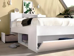 Lit avec tête de lit rangements et tiroirs - 140 x 190 cm - Coloris : Blanc + Sommier - LEANDRE