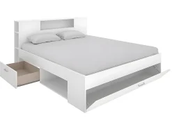 Lit avec tête de lit rangements et tiroirs - 140 x 190 cm - Coloris : Blanc + Sommier - LEANDRE