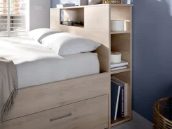 Lit avec tête de lit rangements et tiroirs - 160 x 200 cm - Coloris : Naturel - LEANDRE