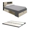 Lit avec tête de lit rangements et tiroirs - 120 x 190cm - Coloris : Naturel et anthracite + Sommier - LEANDRE